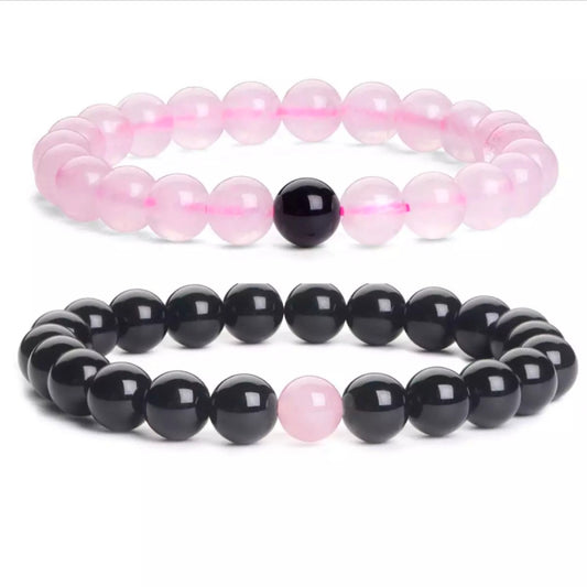Black & Rose Pink Agate Energy Stone Beads Distance Bracelet Set Couple Bracelet