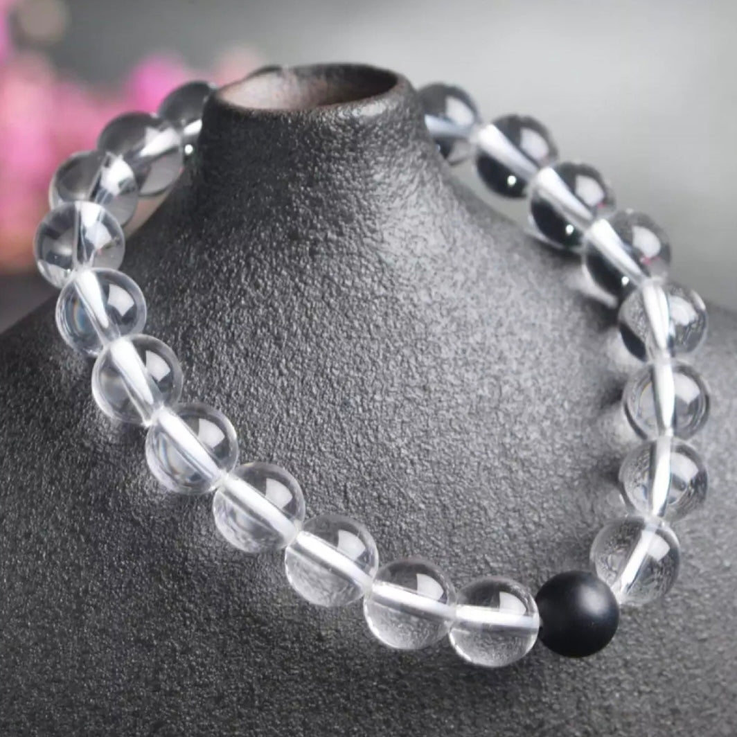 Matt Black & Transparent White Energy Stone Beads Distance Bracelet Set Couple Bracelet