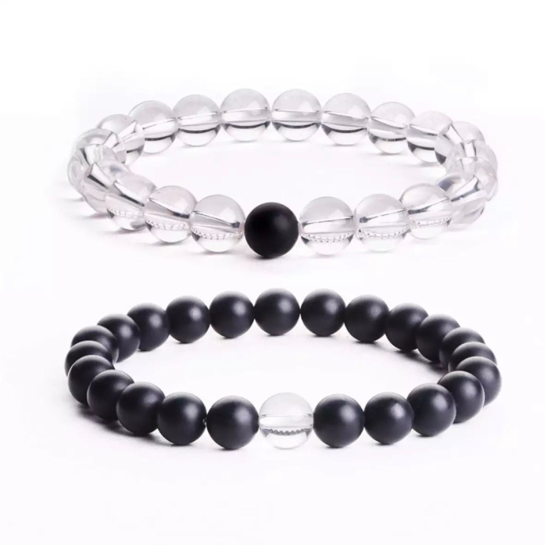 Matt Black & Transparent White Energy Stone Beads Distance Bracelet Set Couple Bracelet