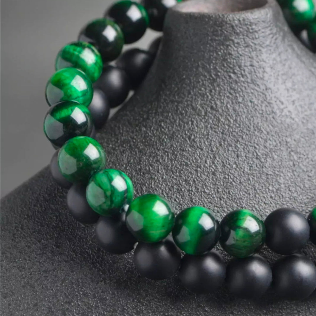 Matt Black & Green Agate Energy Stone Beads Distance Bracelet Set Couple Bracelet