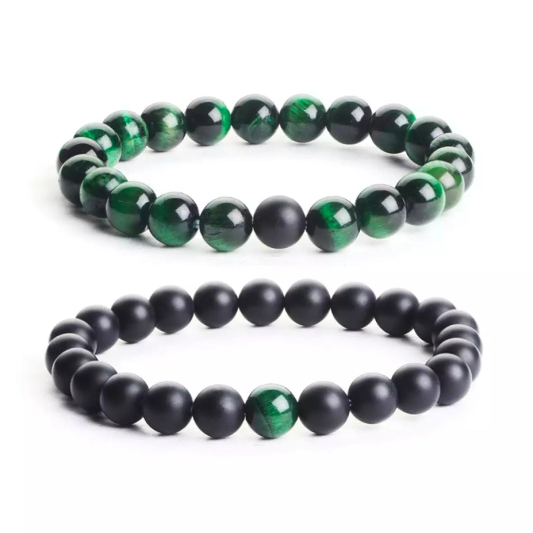 Matt Black & Green Agate Energy Stone Beads Distance Bracelet Set Couple Bracelet