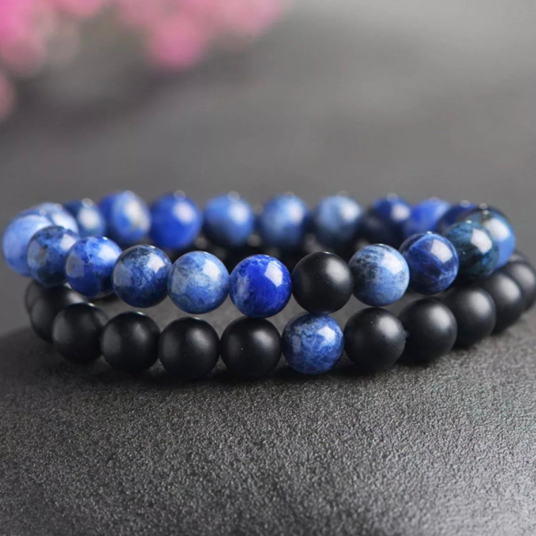 Matt Black & Blue Agate Energy Stone Beads Distance Bracelet Set Couple Bracelet