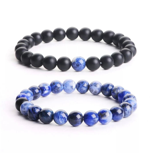 Matt Black & Blue Agate Energy Stone Beads Distance Bracelet Set Couple Bracelet
