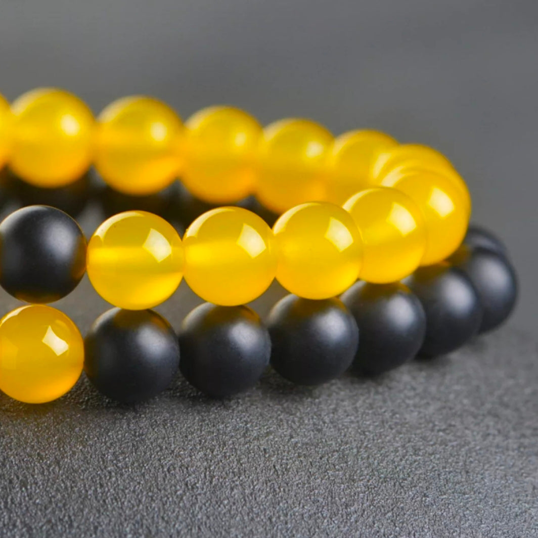 Matt Black & Yellow Agate Energy Stone Beads Distance Bracelet Set Couple Bracelet