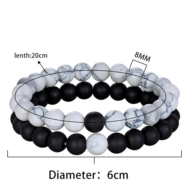 Matt Black & White Agate Energy Stone Beads Distance Bracelet Set Couple Bracelet