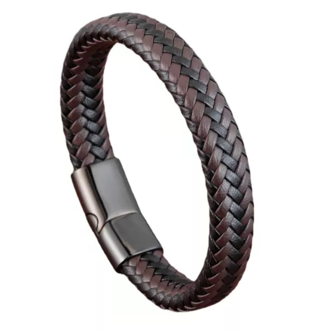 Black & Brown Braided Leather Bracelet For Men