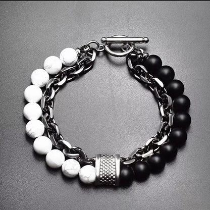 White & Matt Black Stone Double Chain Bracelet For Men