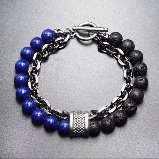 Blue & Matt Black Stone Double Chain Bracelet For Men