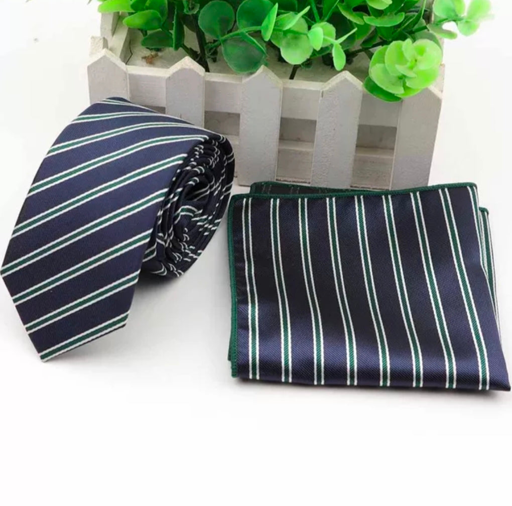 Dark Blue & Green Stripe Slim Tie Set