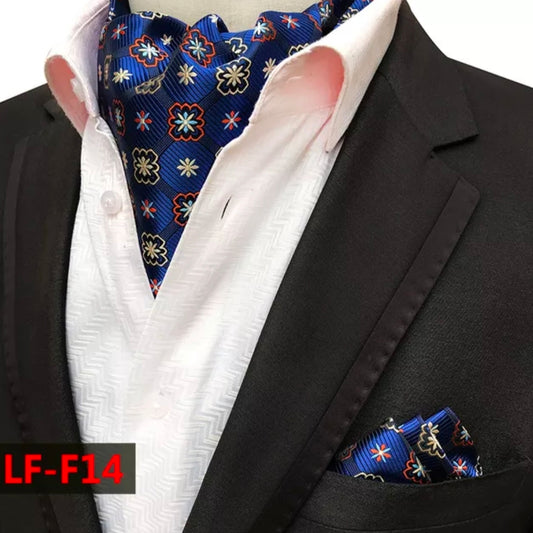 Men's Ascot Blue and Golden Floral Jacquard Woven Cravat Tie and Pocket Square Set