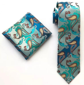 Blue And Green Paisley Tie Set For Men