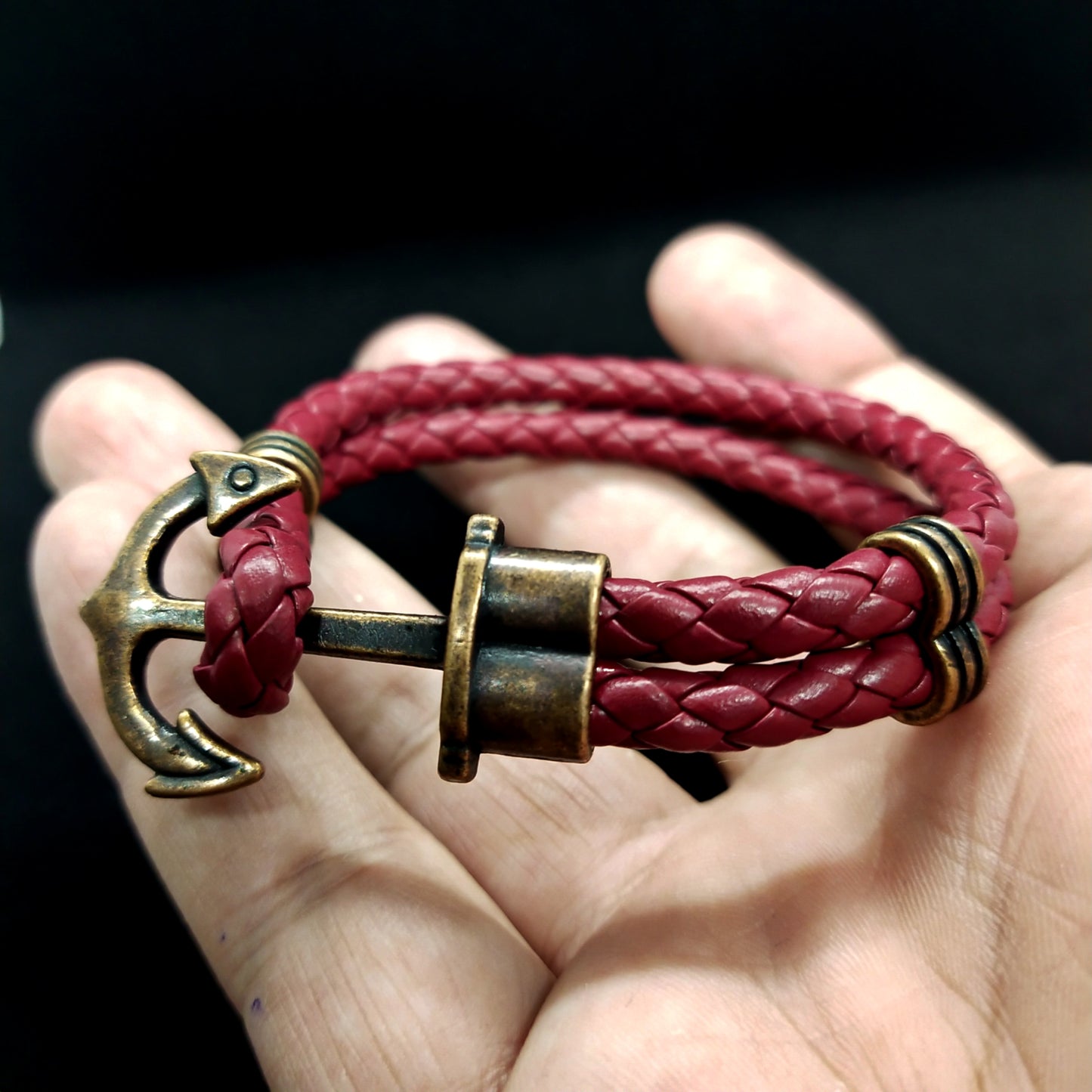 Maroon Anchor Rope Leather Bracelet For Men