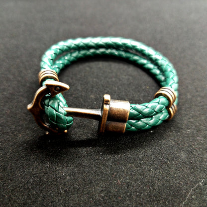 Green Anchor Rope Leather Bracelet For Men