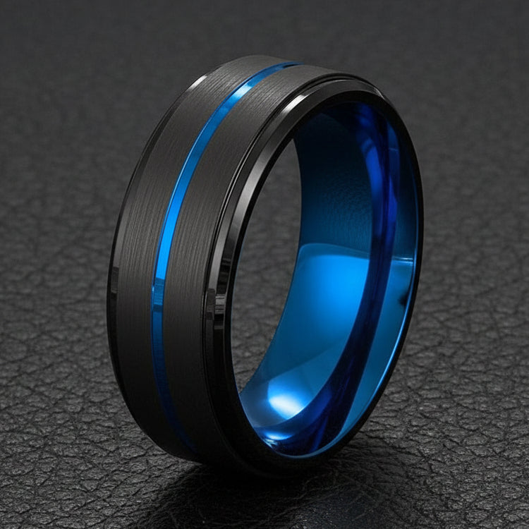 A black titanium ring with blue inlay, showing a polished exterior and a brushed texture finish, presented against a white background.