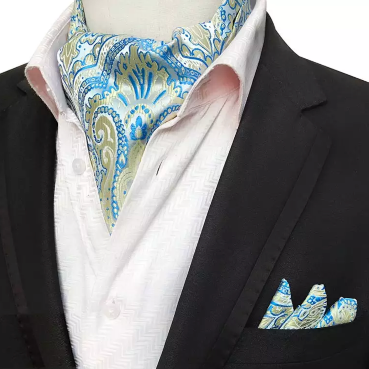 yellow and blue ascot cravat tie for men