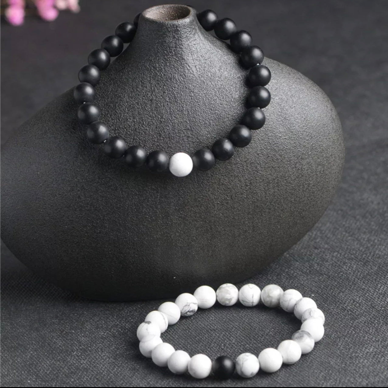 Matt Black & White Agate Energy Stone Beads Distance Bracelet Set Couple Bracelet