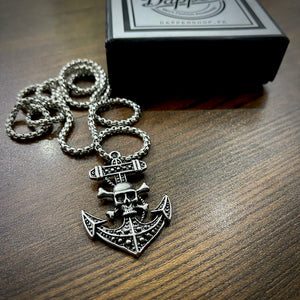 Antique Silver Skull Anchor Pendant Necklace
