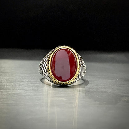 Red Oval Stone Silver Turkish Ring For Men