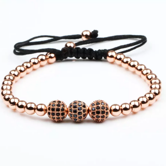Rose Gold Cubical Zircon Paved Triple Beads Bracelet