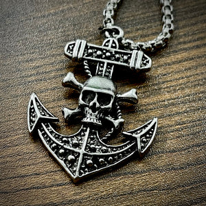 Antique Silver Skull Anchor Pendant Necklace