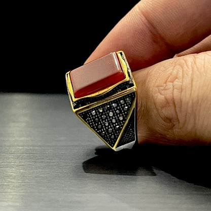 Red Square Stone Turkish Ring For Men