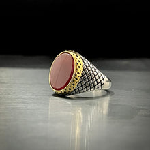 Load image into Gallery viewer, red aqeeq stone silver turkish ring for men in pakistan