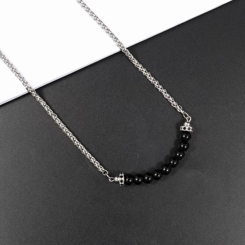 Classic Round Tube Onyx Black Beads Pendant Necklace For Men