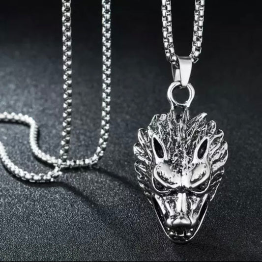 Antique Silver Wolfhead Pendant Necklace