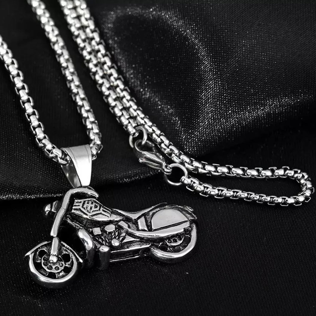 Antique Silver Old Motorcycle Pendant Necklace