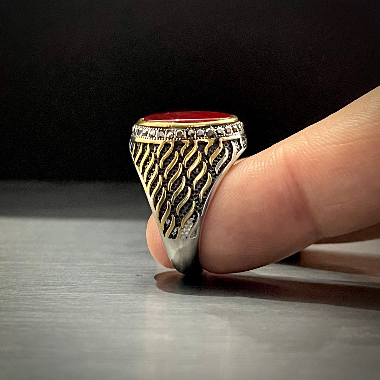 Red Stone Silver Feather Turkish Ring For Men