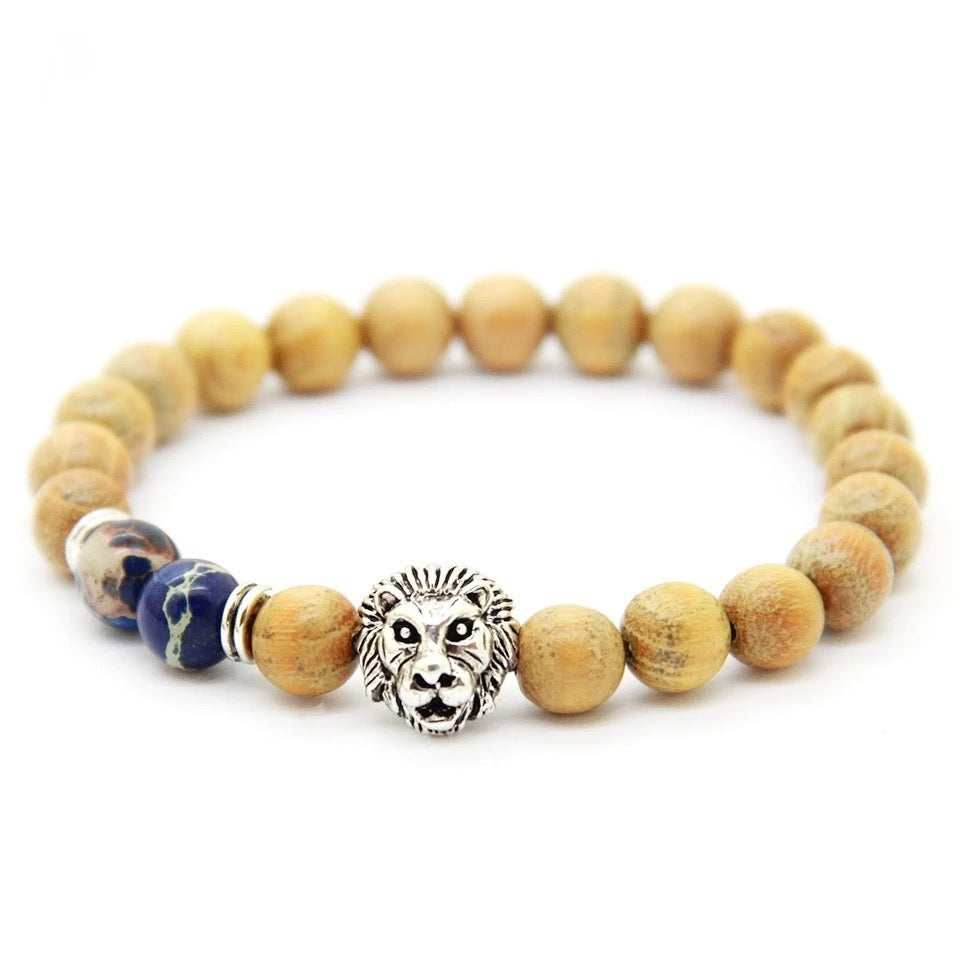 Antique Silver Lion Head Wood Beads Bracelet