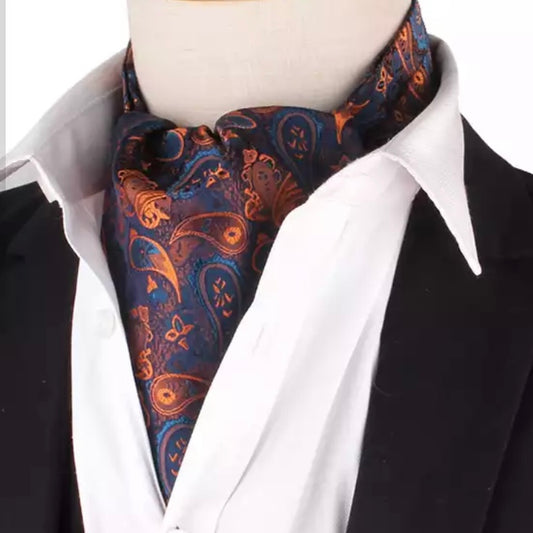 Blue and Golden Floral paisley ascot cravat tie silk neck scarf for men in pakistan