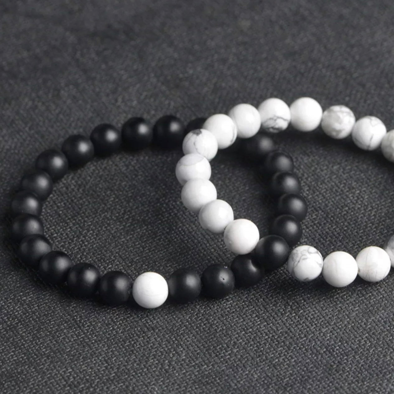 Matt Black & White Agate Energy Stone Beads Distance Bracelet Set Couple Bracelet