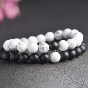 Matt Black & White Agate Energy Stone Beads Distance Bracelet Set Couple Bracelet