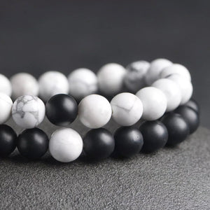 Matt Black & White Agate Energy Stone Beads Distance Bracelet Set Couple Bracelet