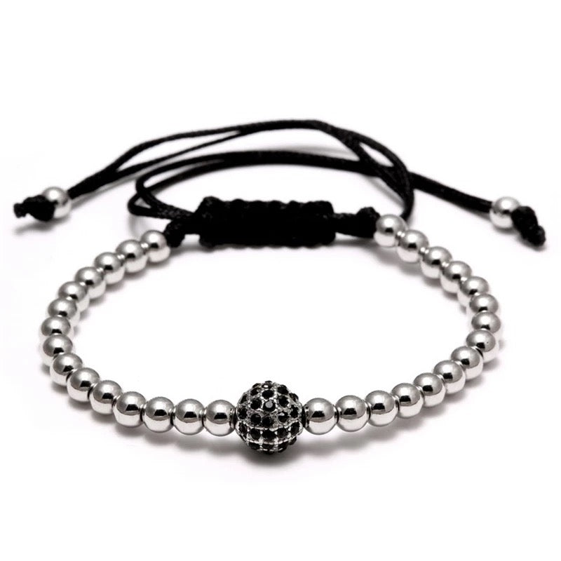 Silver Cubical Zircon Paved Single Beads Bracelet
