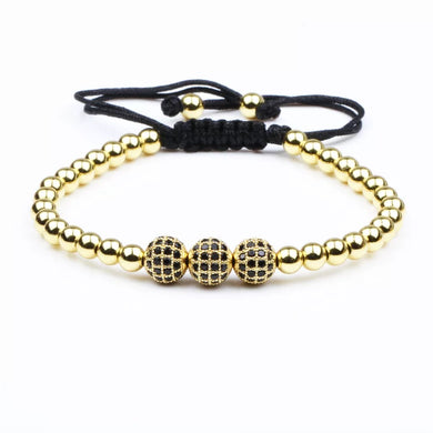 Golden Cubical Zircon Paved Triple Beads Bracelet