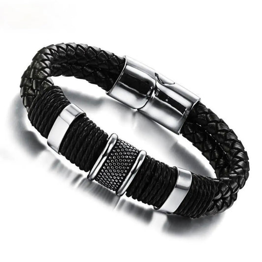Black Braided Leather Bracelet For Men