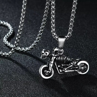 Antique Silver Skull Motorcycle Pendant Necklace