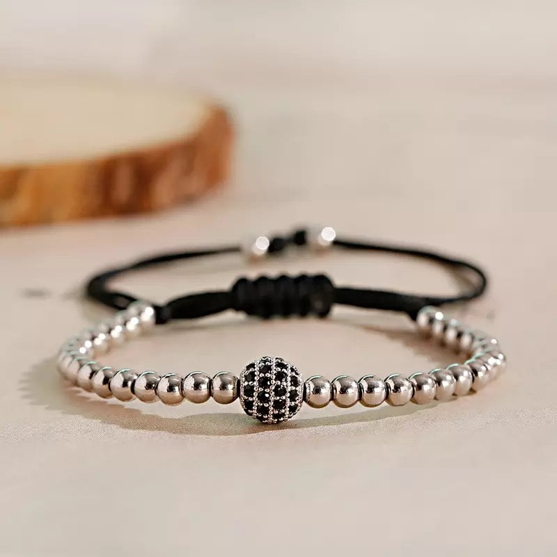 Silver Cubical Zircon Paved Single Beads Bracelet