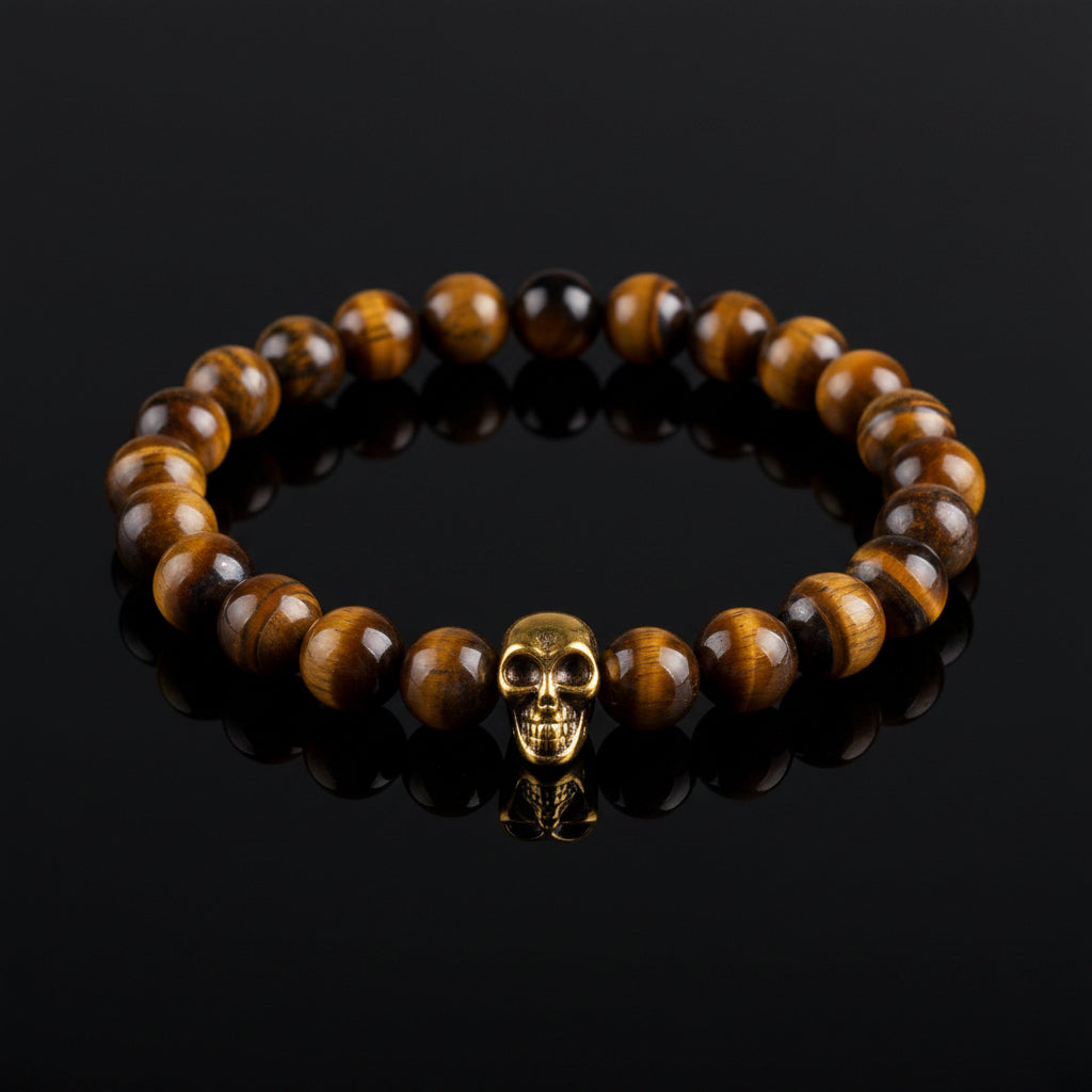 A Tiger Eye bead bracelet with golden skull detailing on a white background